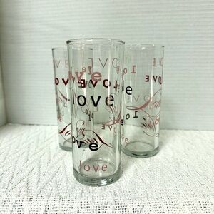 New Valentines Love Themed Glass Drinking Glasses or Vases - Set of 3 6” tall